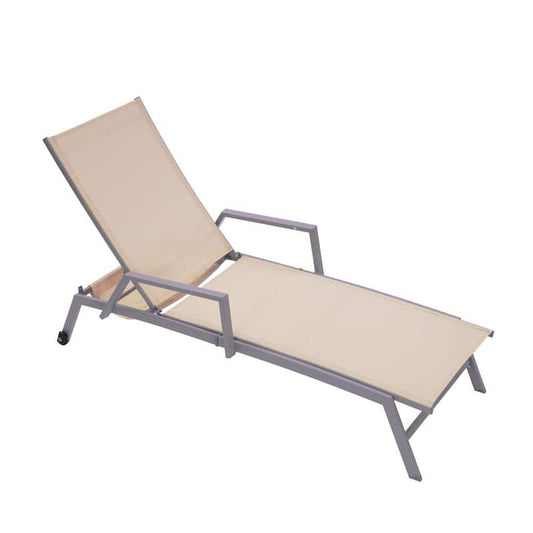 1-Piece Beige Aluminum Outdoor Chaise Lounge with Armrests and Wheels for Patio Backyard